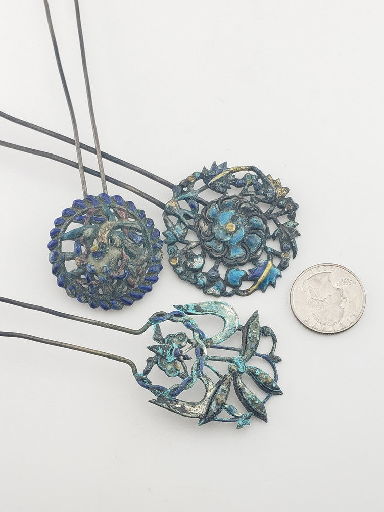 Antique Chinese Coin Silver Floral Hair Pin Ornaments