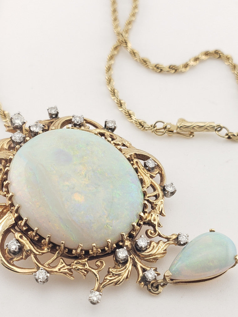Vintage Diamond & Opal Pendant w/ Chain