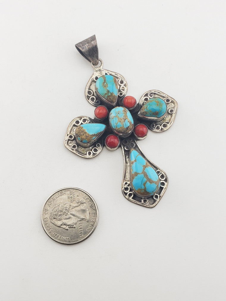 SS Turquoise & Coral Cross Pendant