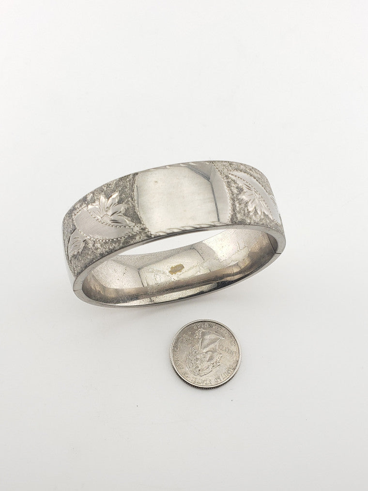 SS Vintage Hinged Bangle w/ Engraved Floral Pattern