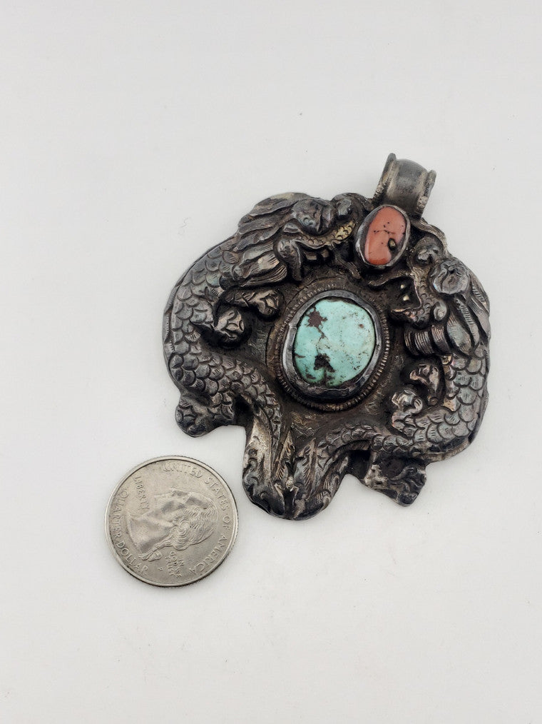 SS Tibet Double Dragon w/ Turquoise & Coral Pendant
