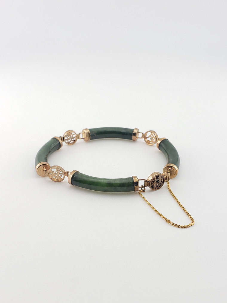 Gold Plate Round Green Jade Bar Bracelet