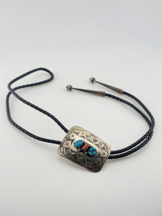 Vintage SS Turquoise & Coral Bolo Tie