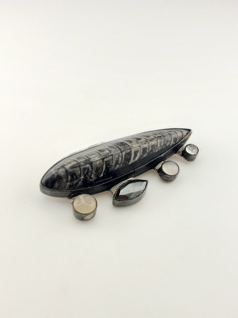 Orthoceras Fossil Hematite + Moonstone Brooch