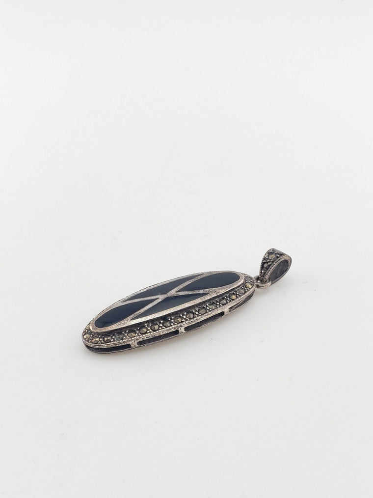 SS Marcasite Onyx Oval Pendant