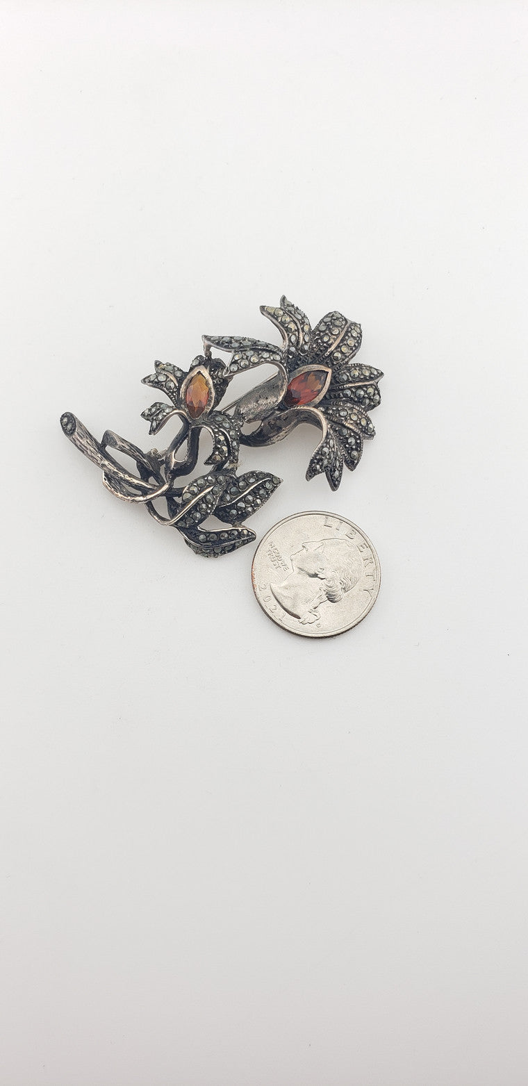 Silver Pave Marcasite Flowers Pin