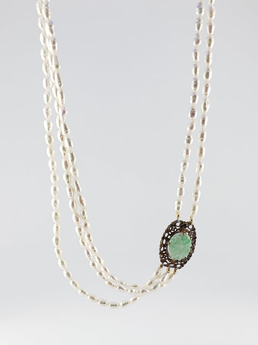 Triple Pearl Strand #52- w/ Jade