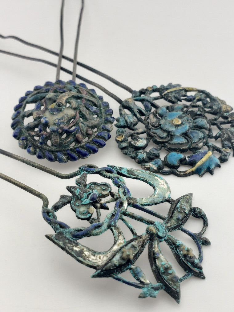 Antique Chinese Coin Silver Floral Hair Pin Ornaments