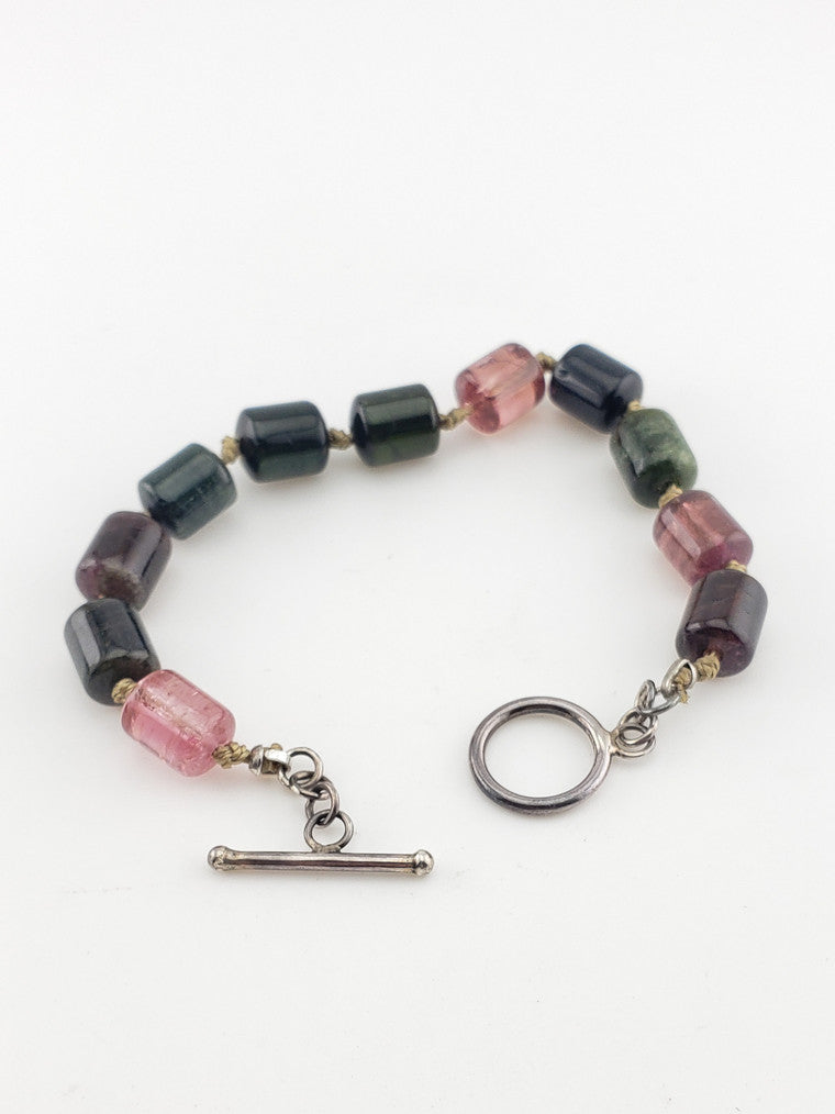 Multi Colored Tourmaline Beaded Bracelet w/ SS Toggle