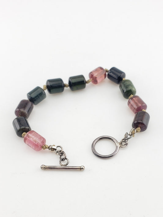 Multi Colored Tourmaline Beaded Bracelet w/ SS Toggle