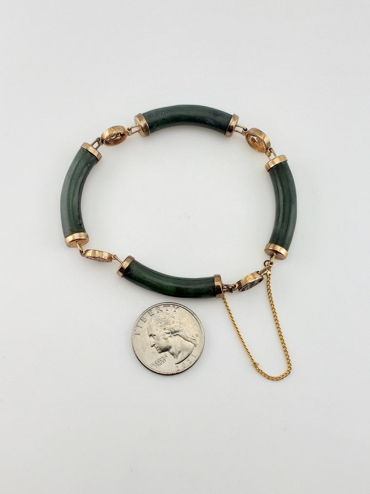Gold Plate Round Green Jade Bar Bracelet