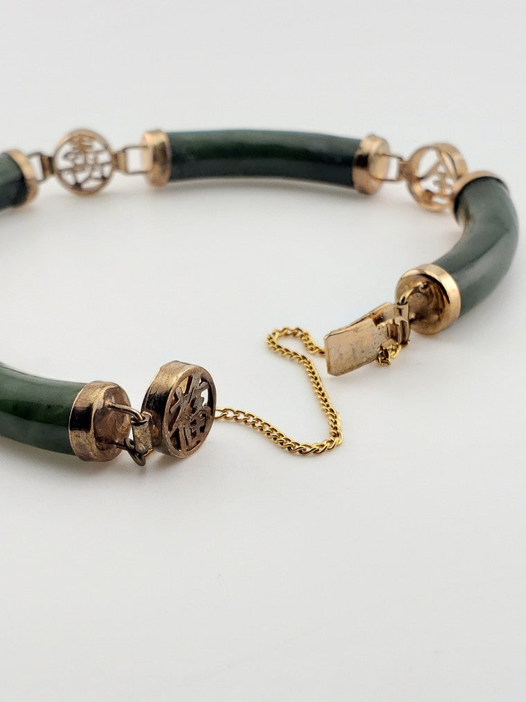 Gold Plate Round Green Jade Bar Bracelet
