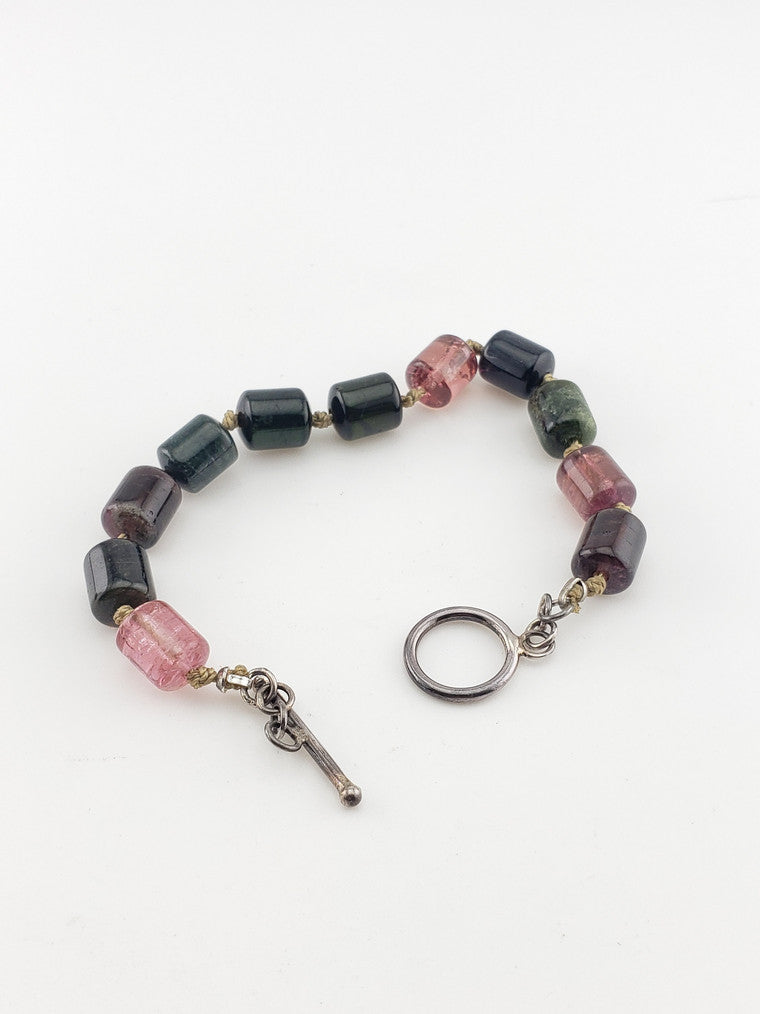 Multi Colored Tourmaline Beaded Bracelet w/ SS Toggle