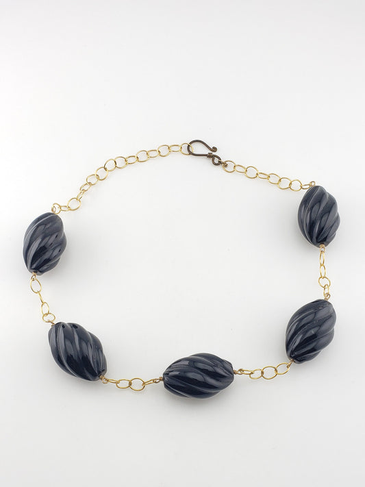 Gold Plate Onyx Ribbed Bead Necklace