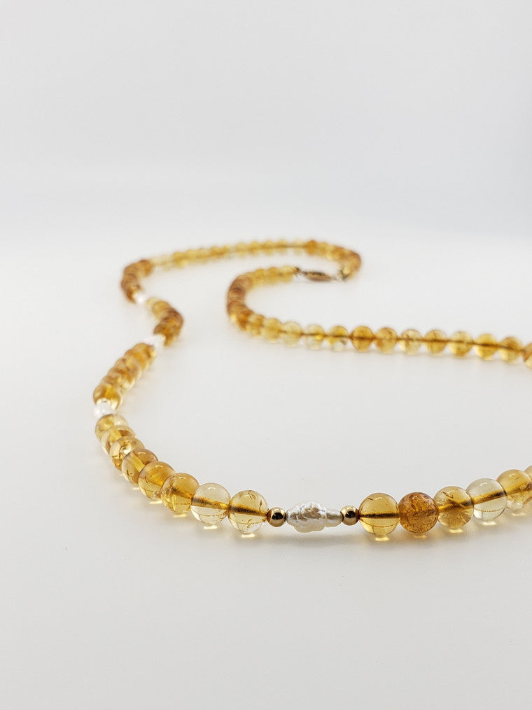 Round Citrine & Pearl Strand 25"