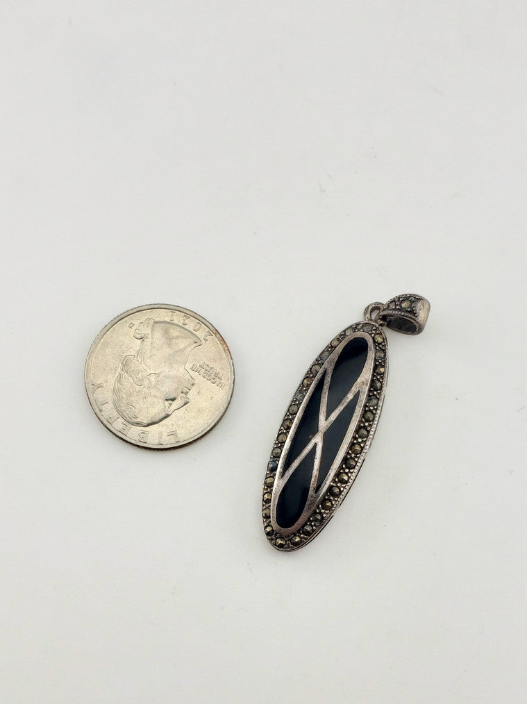 SS Marcasite Onyx Oval Pendant