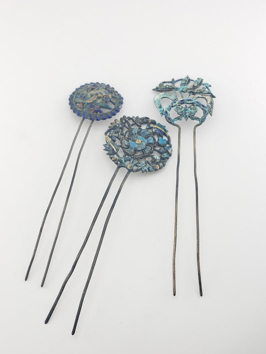 Antique Chinese Coin Silver Floral Hair Pin Ornaments