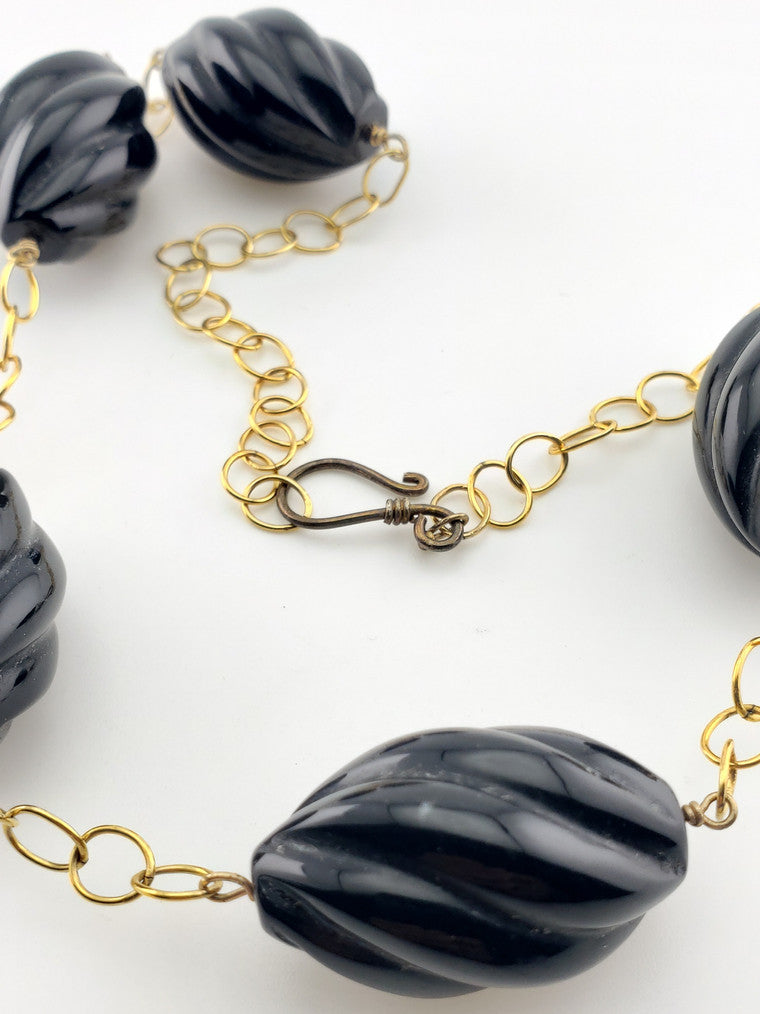 Gold Plate Onyx Ribbed Bead Necklace