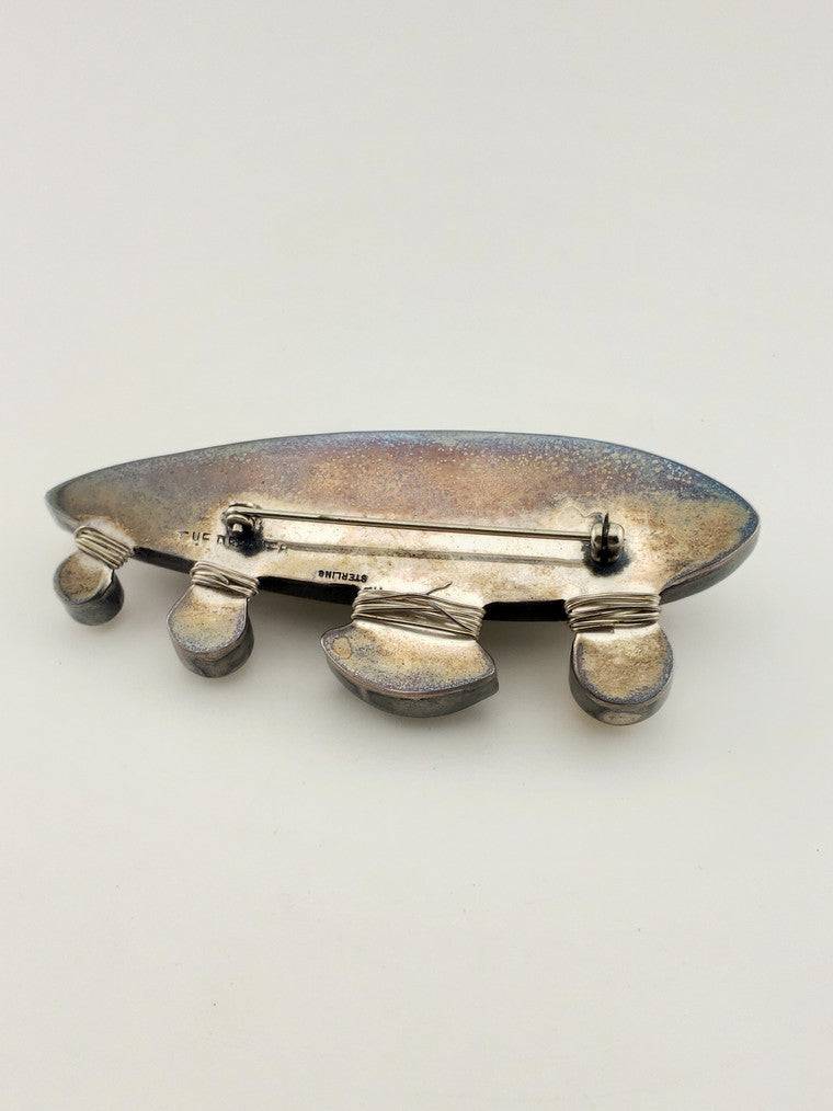 Orthoceras Fossil Hematite + Moonstone Brooch
