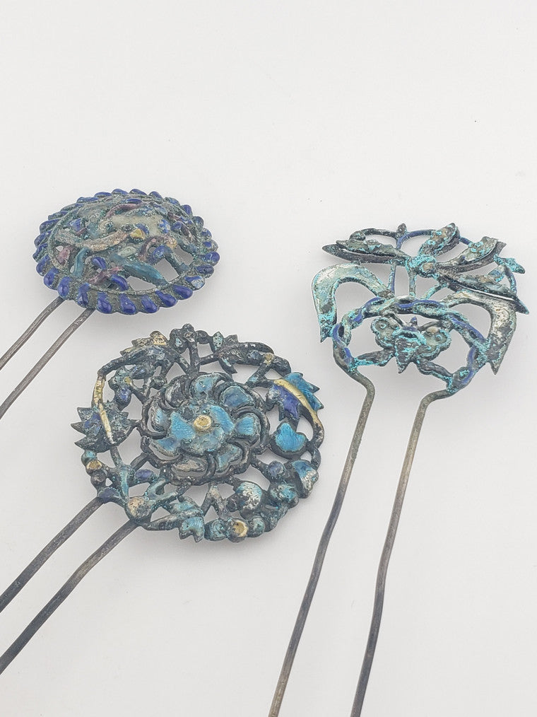 Antique Chinese Coin Silver Floral Hair Pin Ornaments