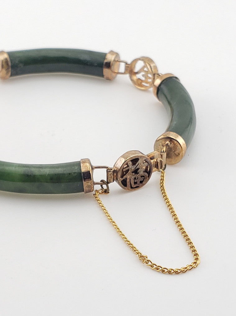 Gold Plate Round Green Jade Bar Bracelet