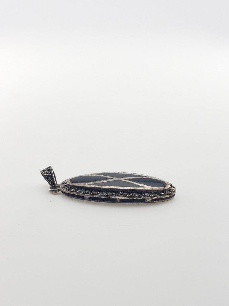 SS Marcasite Onyx Oval Pendant