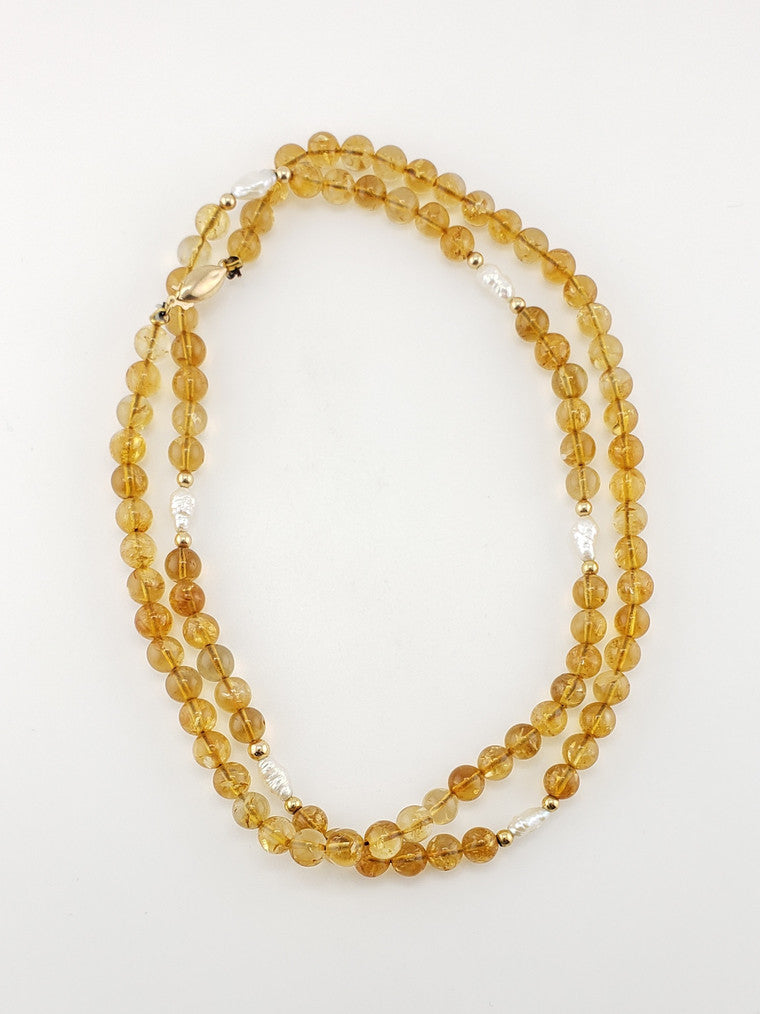 Round Citrine & Pearl Strand 25"