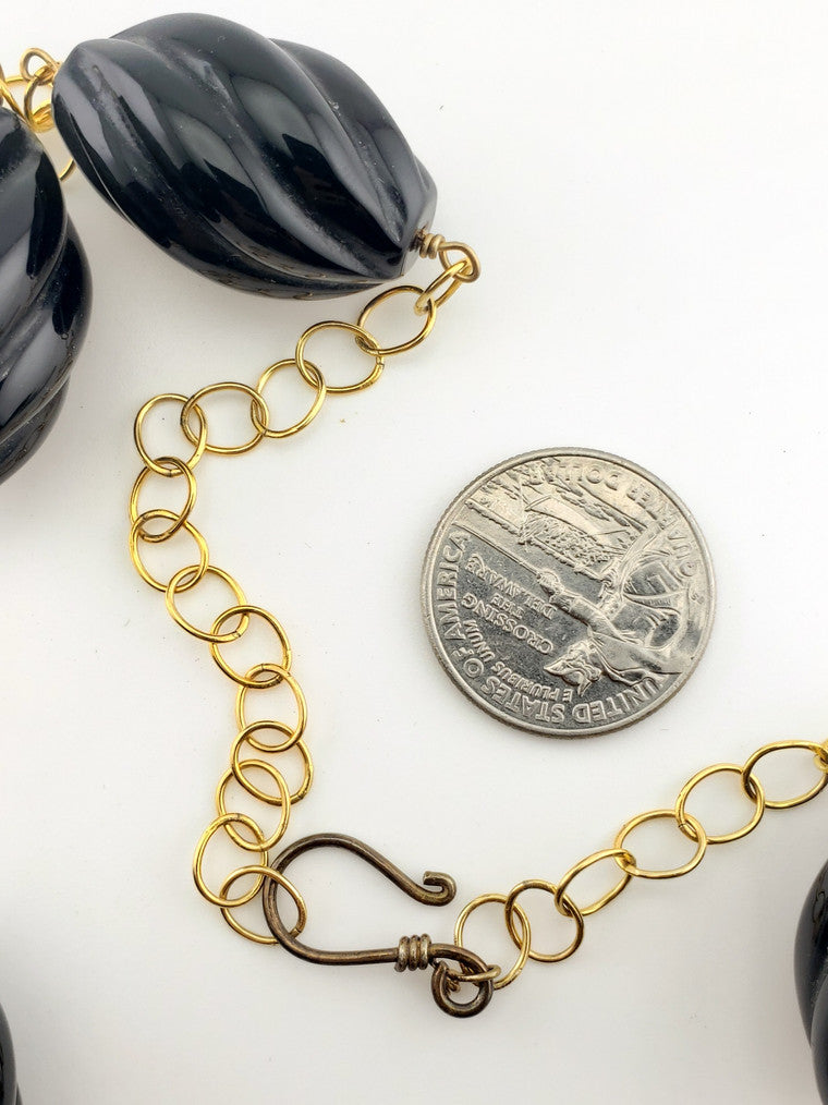 Gold Plate Onyx Ribbed Bead Necklace