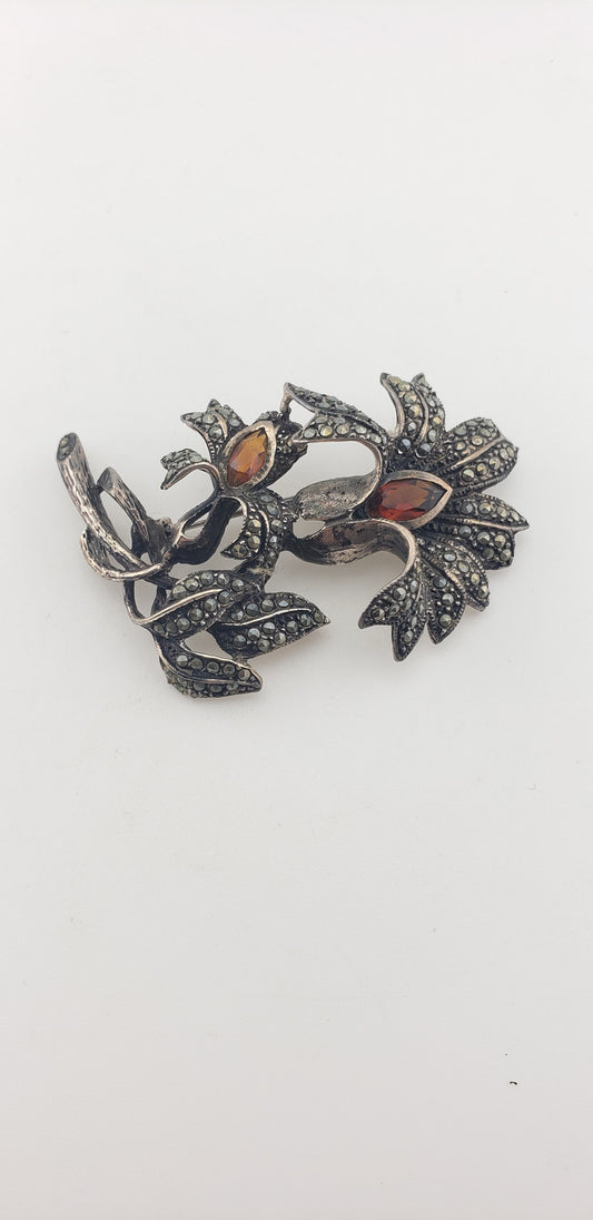 Silver Pave Marcasite Flowers Pin