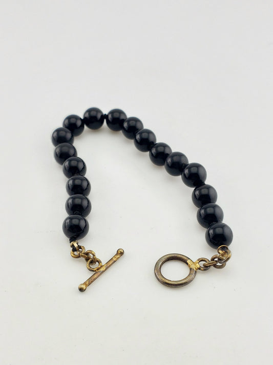 Black Onyx Beaded Bracelet w/ Vermeil Toggle
