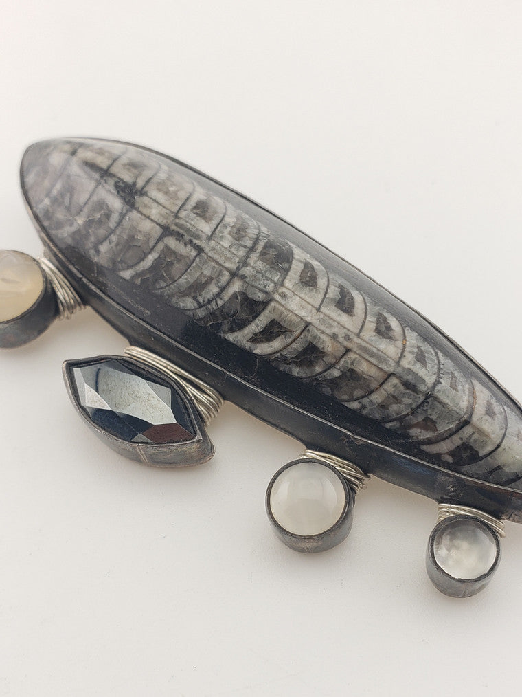 Orthoceras Fossil Hematite + Moonstone Brooch