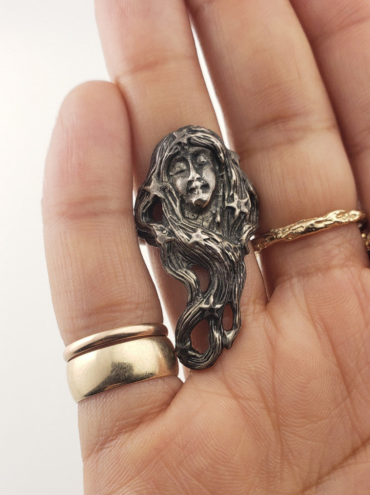 SS Art Deco Long Flowing Hair w/Stars Ring