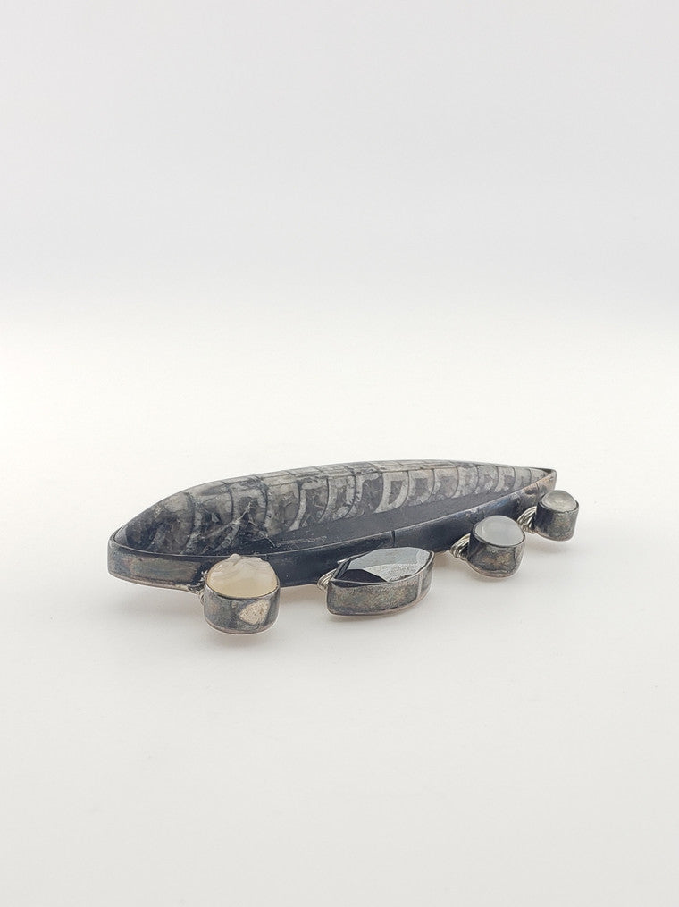 Orthoceras Fossil Hematite + Moonstone Brooch