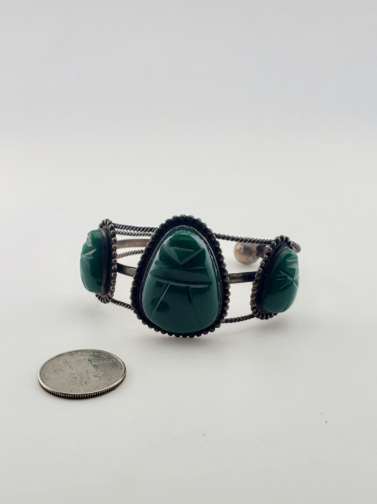 SS Vintage Mexican Bracelet w/ Green Onyx Aztec Masks