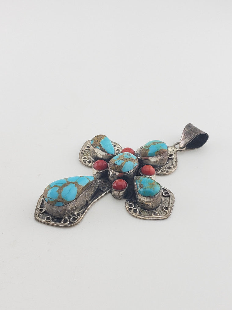 SS Turquoise & Coral Cross Pendant