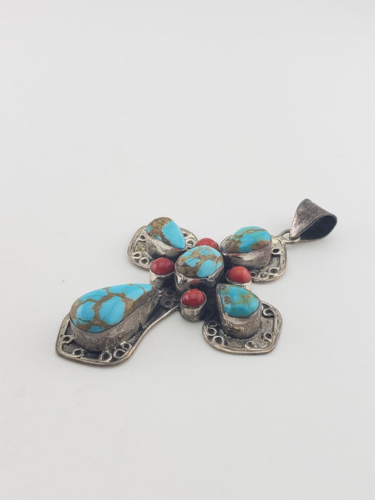SS Turquoise & Coral Cross Pendant