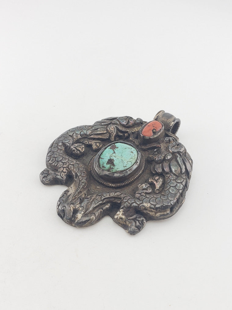 SS Tibet Double Dragon w/ Turquoise & Coral Pendant