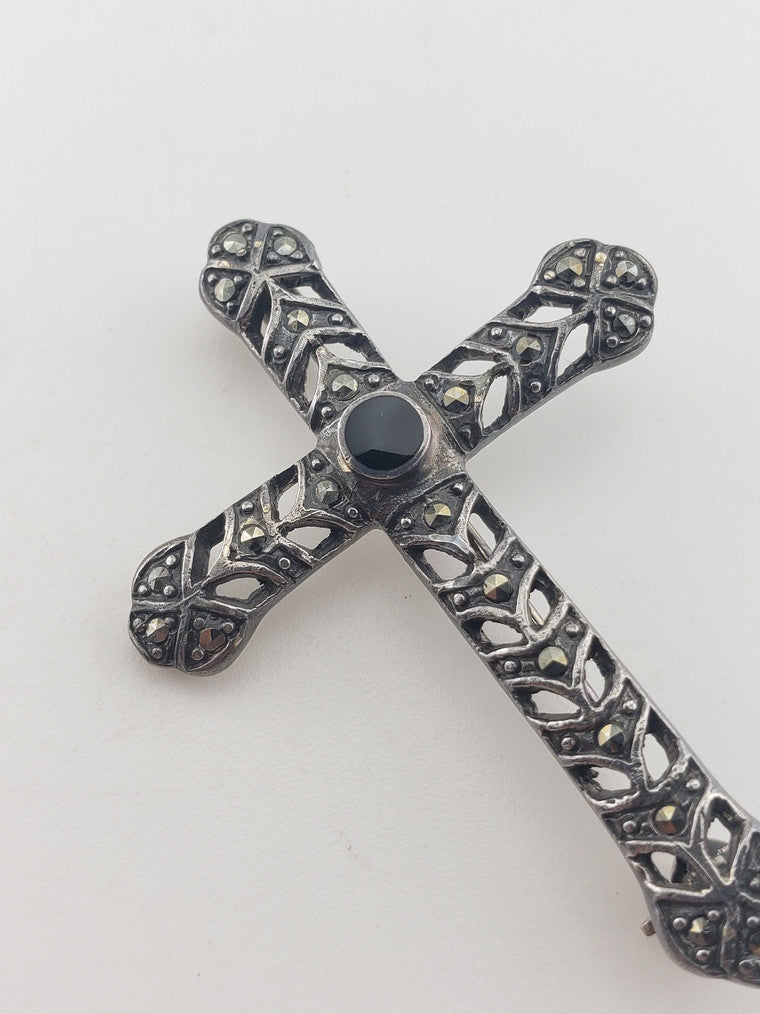 SS Onyx Cross Pin w/ Marcasite