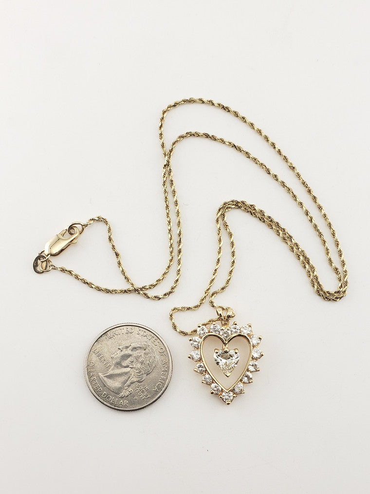 Stunning 14K Yellow Gold Diamond Heart Pendant w/ Rope Chain