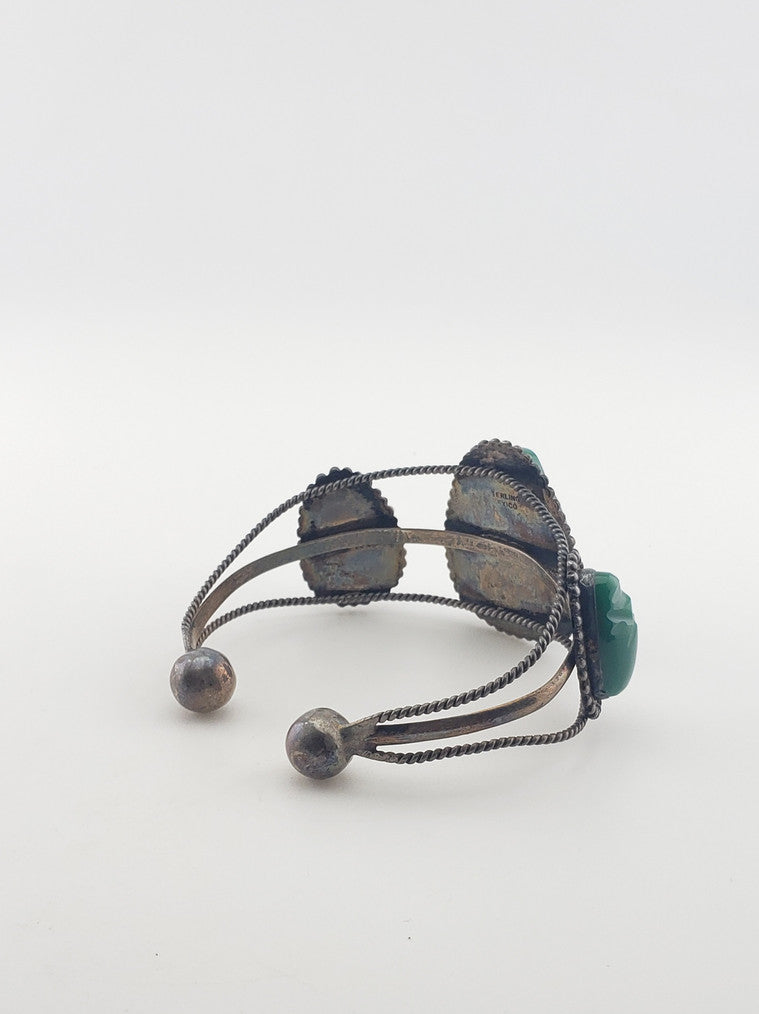 SS Vintage Mexican Bracelet w/ Green Onyx Aztec Masks