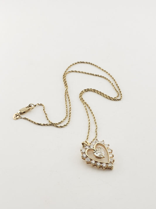 Stunning 14K Yellow Gold Diamond Heart Pendant w/ Rope Chain