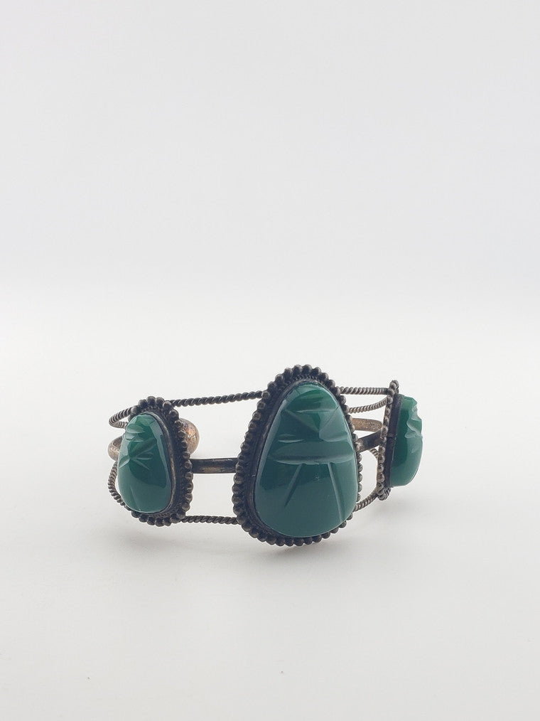 SS Vintage Mexican Bracelet w/ Green Onyx Aztec Masks