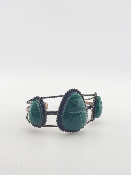 SS Vintage Mexican Bracelet w/ Green Onyx Aztec Masks