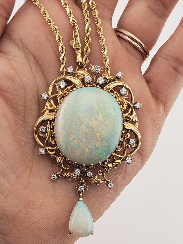 Vintage Diamond & Opal Pendant w/ Chain