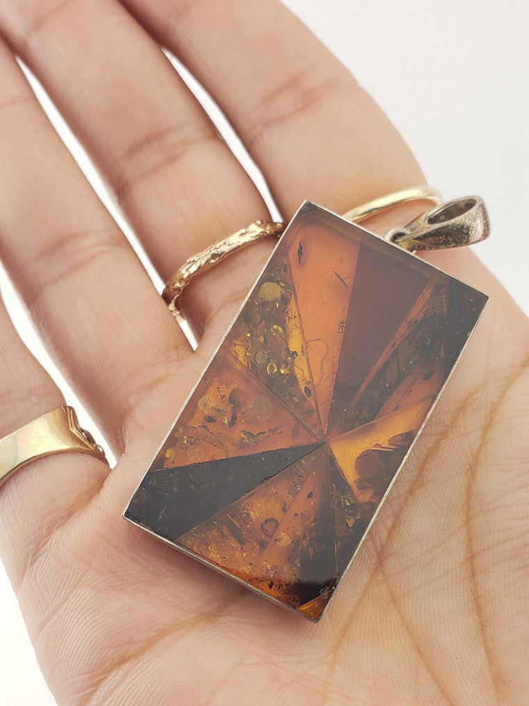 SS Rectangle Amber Pendant