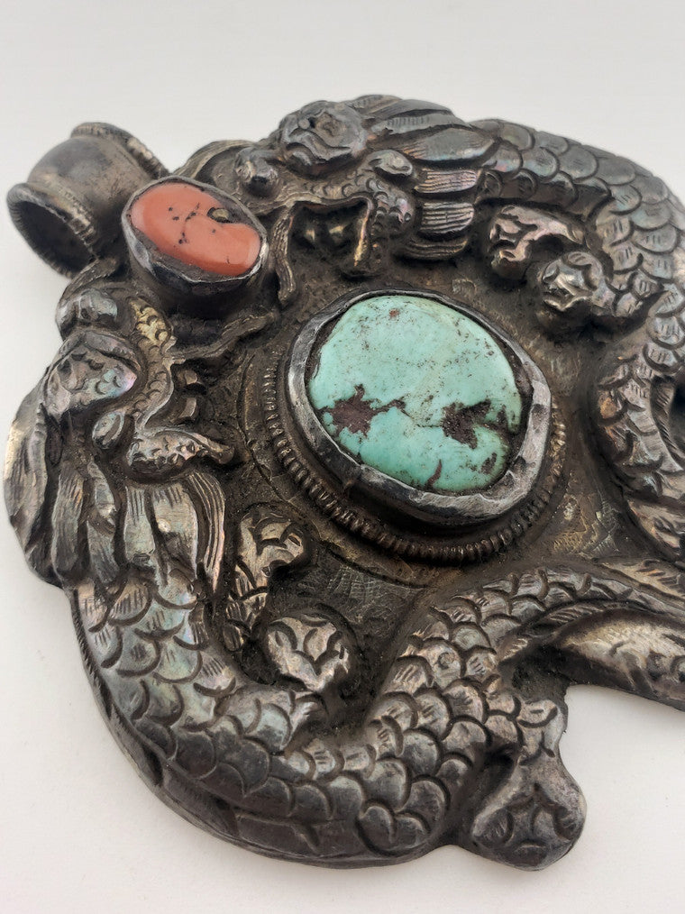 SS Tibet Double Dragon w/ Turquoise & Coral Pendant