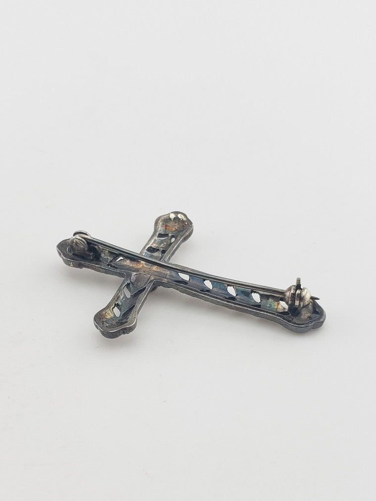 SS Onyx Cross Pin w/ Marcasite