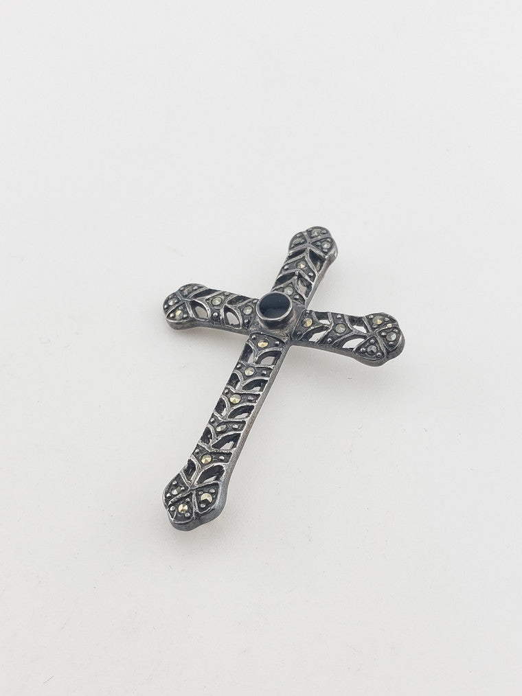 SS Onyx Cross Pin w/ Marcasite