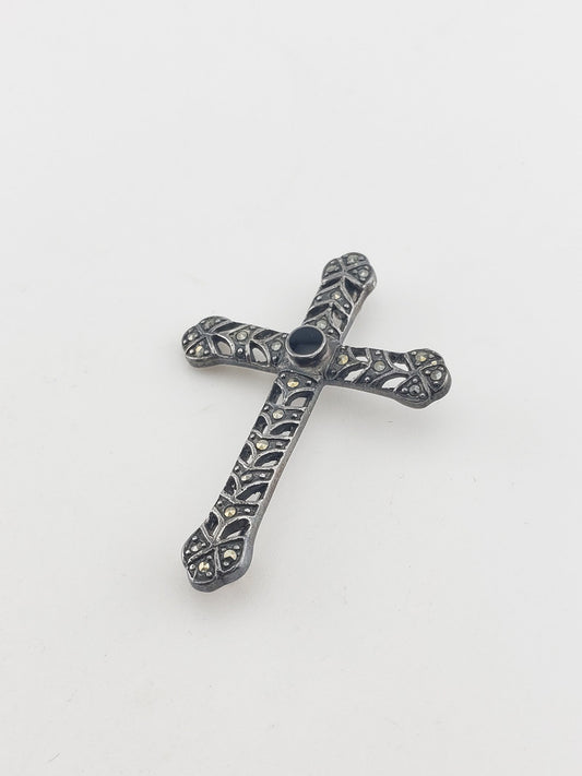 SS Onyx Cross Pin w/ Marcasite