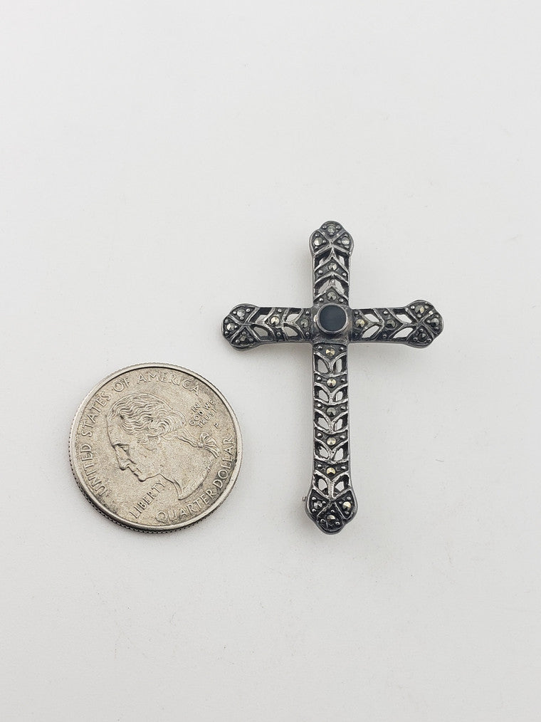SS Onyx Cross Pin w/ Marcasite
